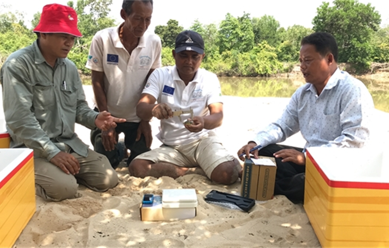 (l-r): In Hul, WCS-Fisheries Administration Counterpart; Long Sman, Community Nest Protection Team member; Nay Chea, Speedboat driver; Por Rany, Head of Fisheries Cantonment CREDIT: In Hul ©WCS