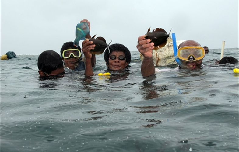 Fiji fishers showing off catch during a periodic harvest from their closure. © Stacy Jupiter/WCS